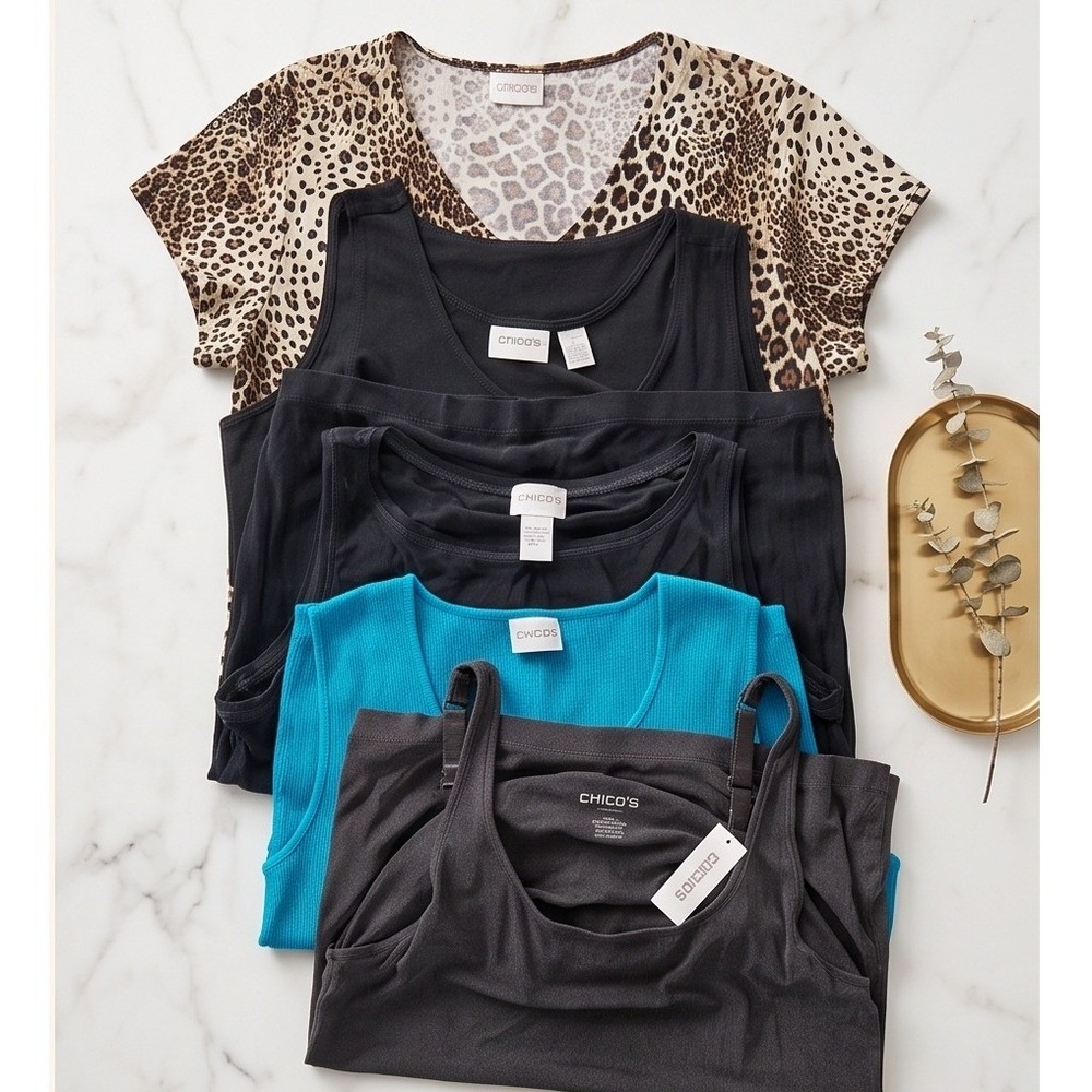 Chico's Lot of 5 Tops Size 2 Large Black Blue Animal Print Travelers Tank Cami